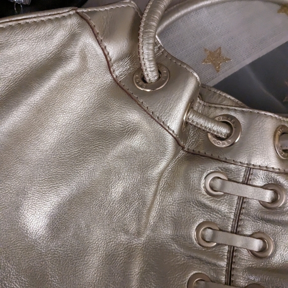 KORS Michael Kors Large Gold Metallic Leather Drawstring Laced Snap Tote 24 - Picture 2 of 11